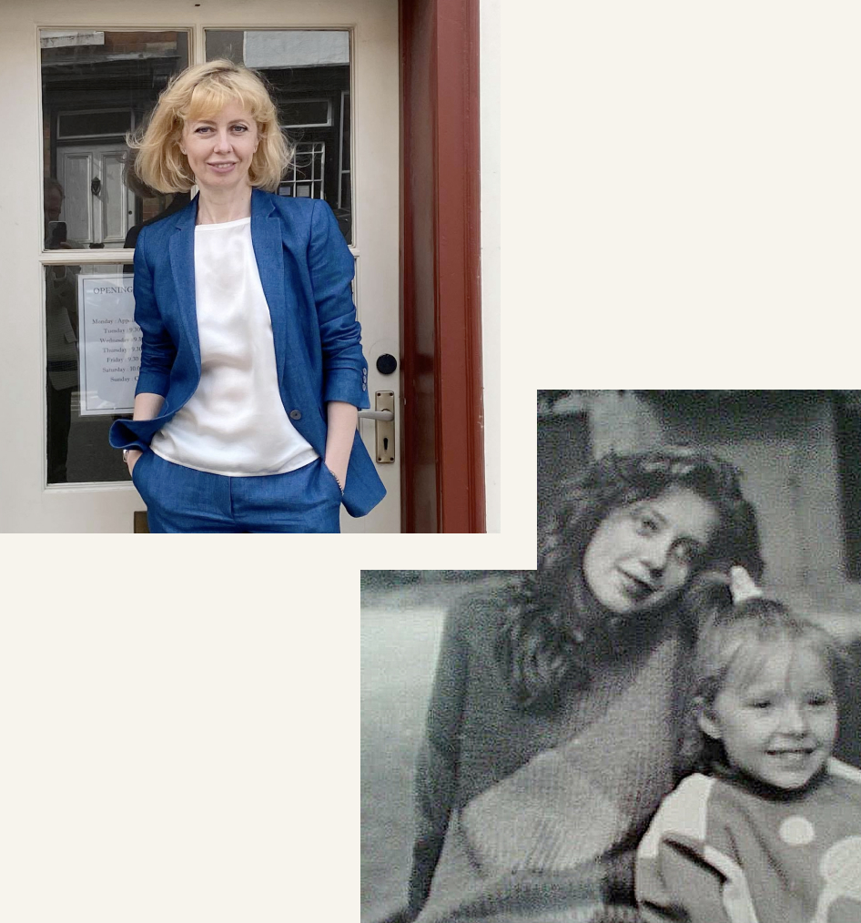 A collage of two images. On one image you can see Ellie in front of her white store entrance. The second image is an old black and white photograph of Ellie as a teenager together with her sister. Her sister is wearing a sweater Ellie has made